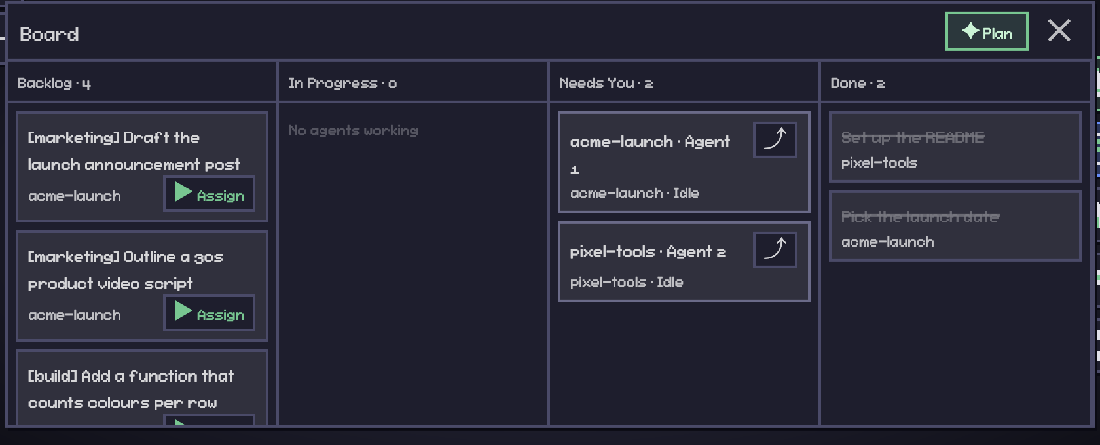 The board: a Backlog column with tagged tasks and Assign buttons, a Needs You column, and a Done column.