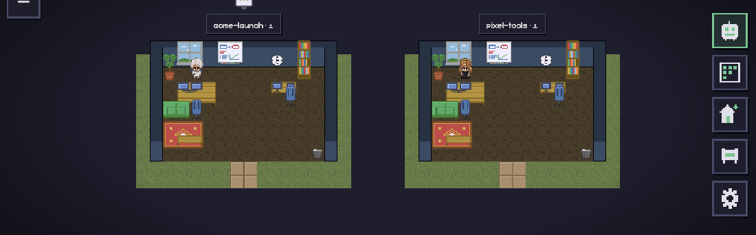 Two offices side by side on the campus map, each labelled with its project and agent count.