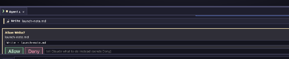 A permission request in the chat panel: Allow Write? launch-note.md, with Allow and Deny buttons.