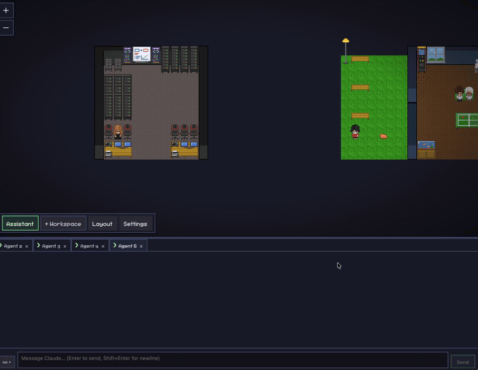 Pixel Agents demo: campus, offices with agents working, tasks drawer